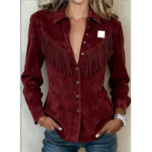 跨境秋季新款流苏麂皮夹克女欧美纯色翻领短款修身外套女jacket