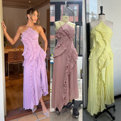 荷叶边挂脖吊带跨境2025春秋褶皱多层礼服修身 纯色长连衣裙Dress