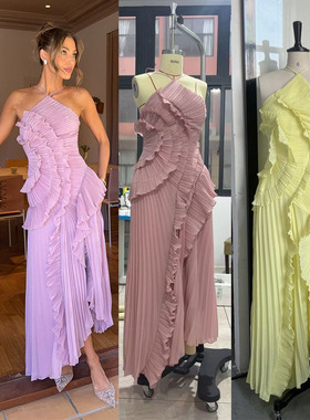 荷叶边挂脖吊带跨境2025春秋褶皱多层礼服修身纯色长连衣裙Dress