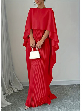 魔法Queen纯色宽松蝙蝠袖压褶不规则披肩设计优雅连衣长裙Dresses