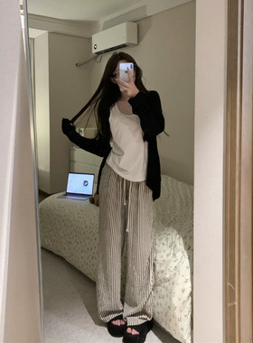 秋季慵懒风女条纹阔腿休闲裤