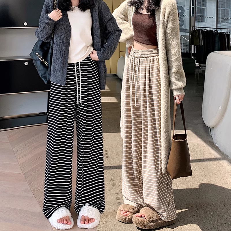 奶茶色条纹糯米裤女2025秋冬季新款高腰垂坠感宽松显瘦直筒阔腿裤