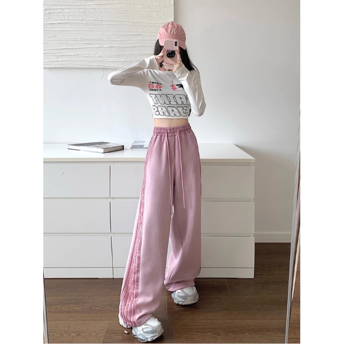 美式复古条纹运动裤女秋冬新款加绒高腰宽松直筒休闲显瘦阔腿卫裤