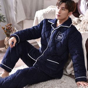 睡衣男冬季加厚加绒珊瑚绒夹棉男士保暖三层法兰绒男式家居服套装