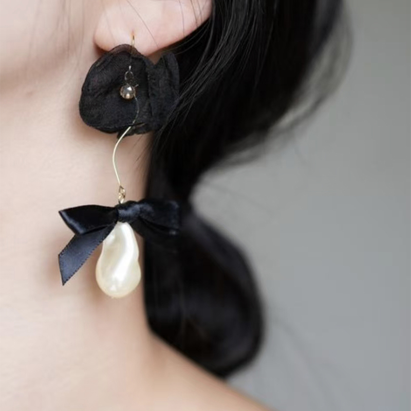日系千金风蝴蝶结花朵长款耳饰