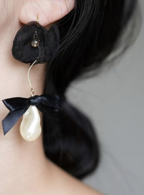 kari show客订日系ins千金风黑色布艺薄纱蝴蝶结珍珠花朵长款耳饰