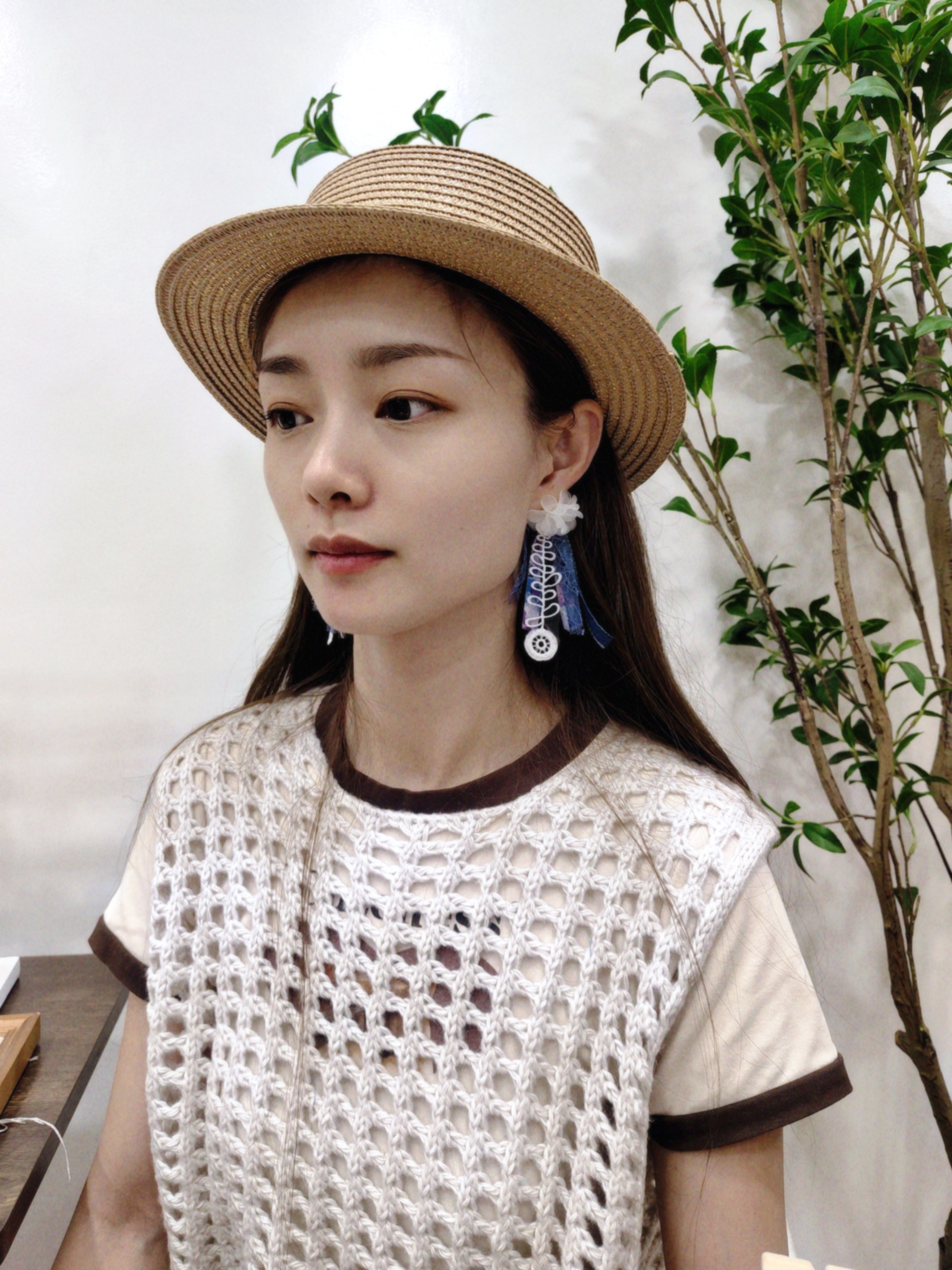 kari show日系森女系甜美撞色牛仔布艺鬼马少女长流苏耳饰
