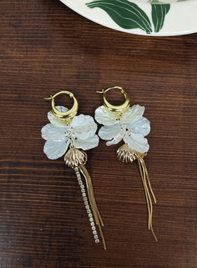 客订日系千金风小姐日本夏季新款好白花瓣贝壳流苏温柔长款耳饰