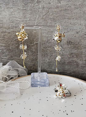 kari show 日网在售款ins风ol穿搭花朵折线流苏长款耳钉耳夹戒指