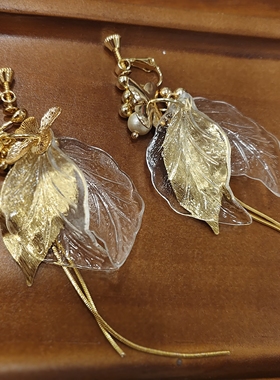 kari show日系千金风透明金色叶子长流苏日杂同款仙女耳饰