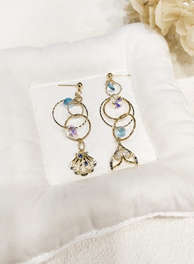 kari show日系手作ins风小众高级感蓝色宝石不对称鱼尾贝壳耳饰