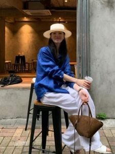 进口亚麻~24新色R蓝 贝母扣 长袖衬衫 宽松显白 女款 男友中性风