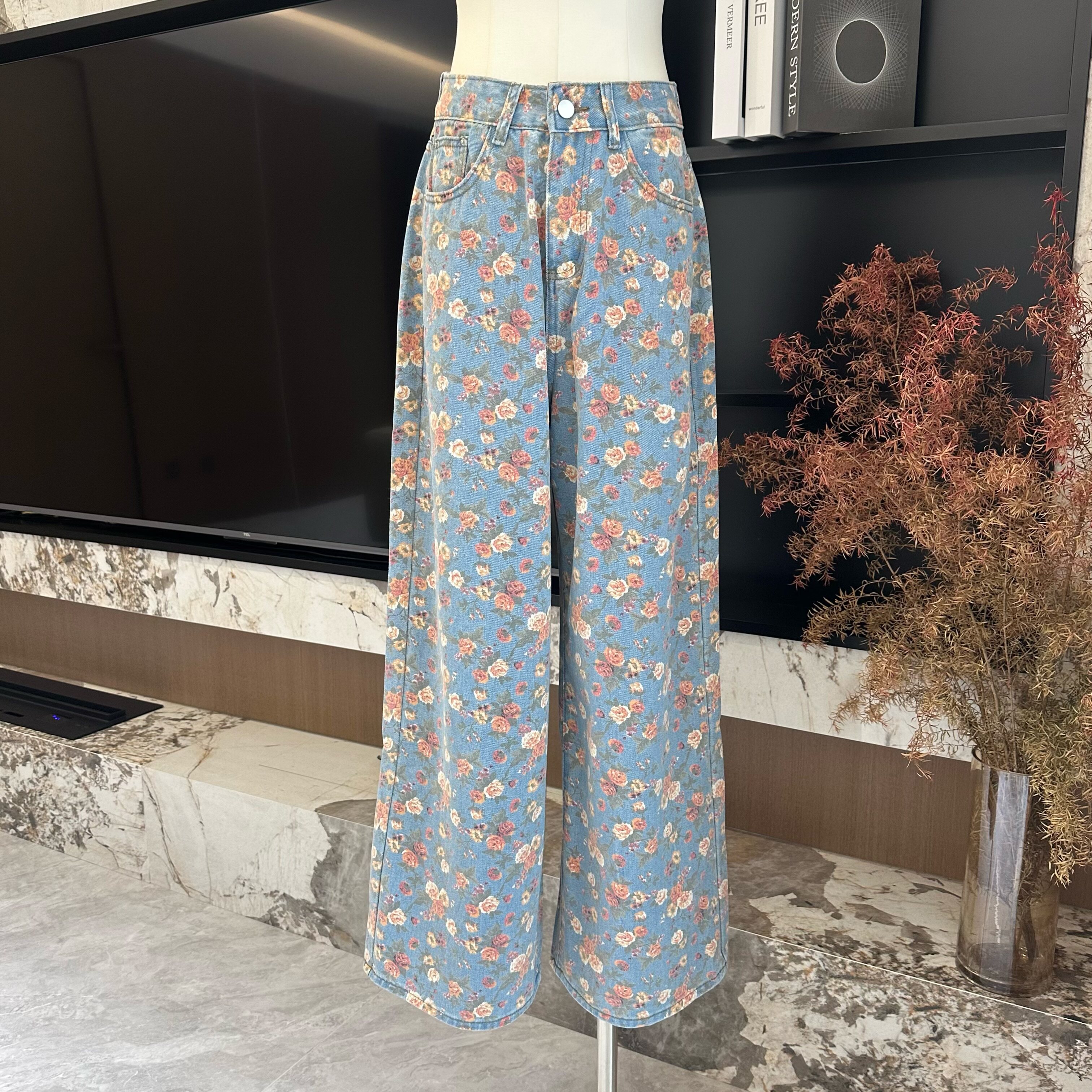 复古碎花阔腿牛仔裤女新款潮流高牛仔裤