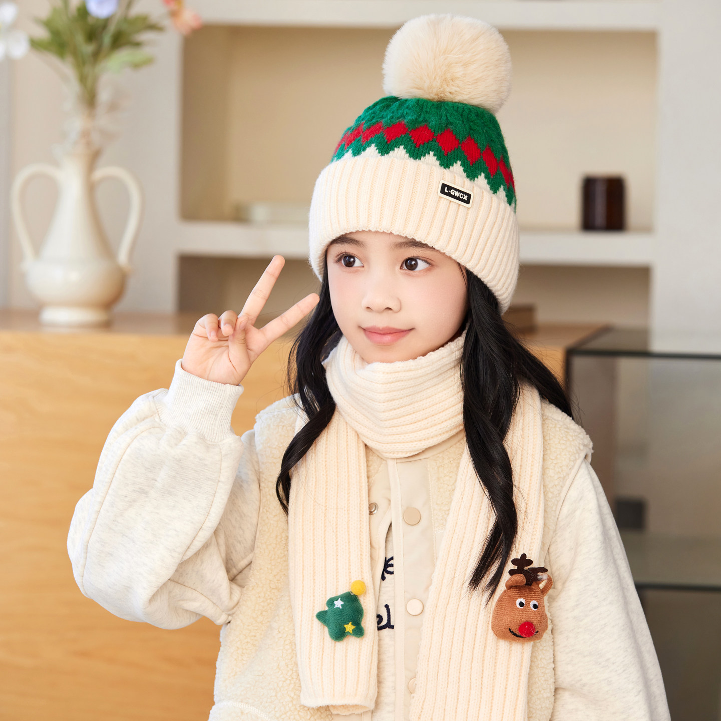 儿童帽子围巾套装冬天女童毛线帽圣诞红色针织帽男孩保暖帽小孩帽