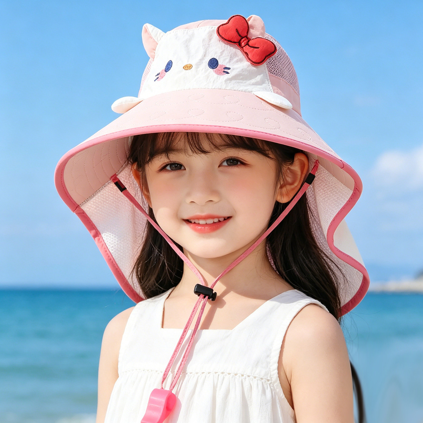 儿童防晒帽夏季女童遮阳帽卡通披肩帽网眼透气防紫外线可爱太阳帽