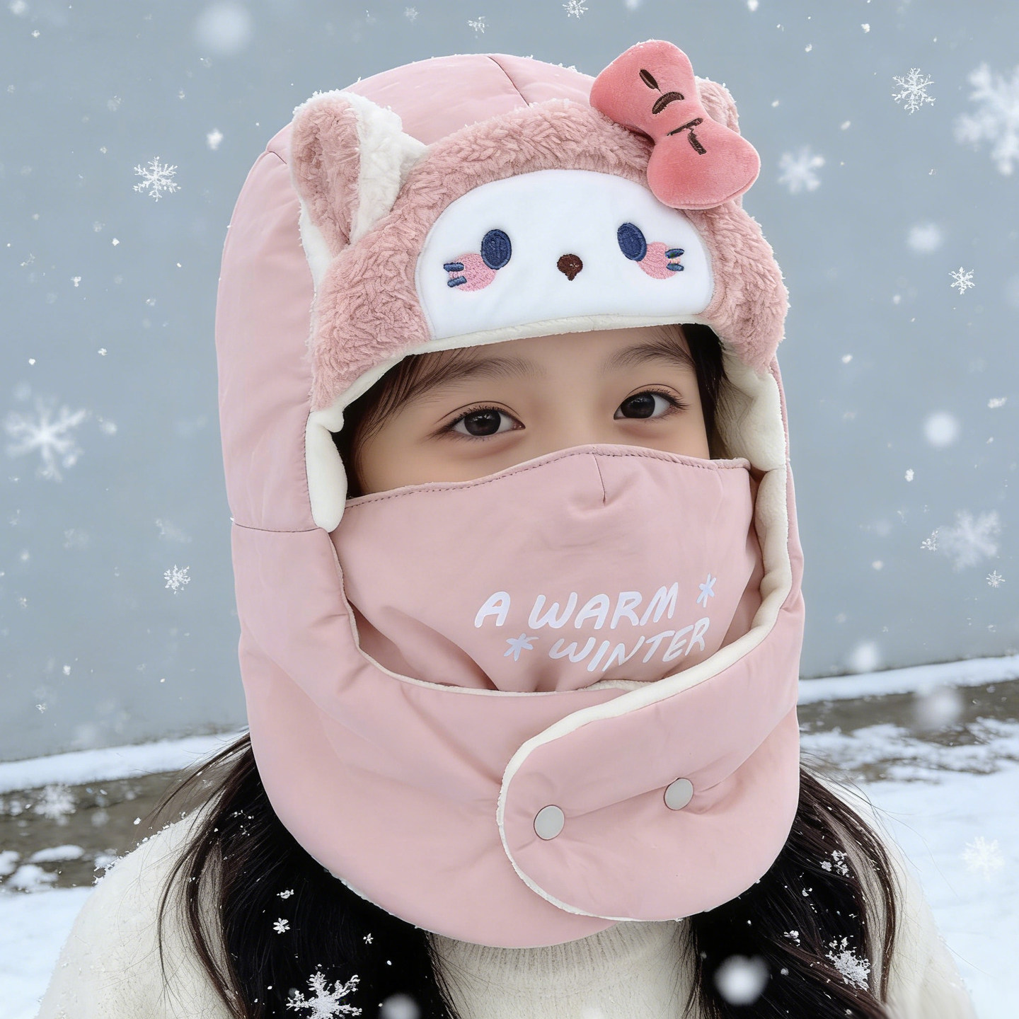 儿童帽子围脖一体冬天女孩护耳帽男孩骑车保暖帽口罩可拆卸防风帽