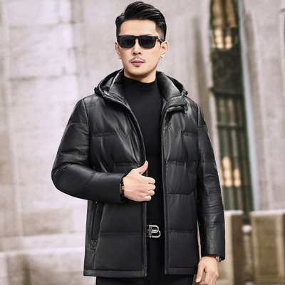 冬季海宁头层绵羊皮真皮皮衣男中长款连帽真皮羽绒服加厚保暖外套