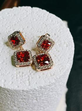 GROW UP正红色锆石方形水晶耳环时尚气质耳钉轻奢高级感耳饰