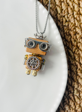 朋克机器人项链进口榉木吊坠木质手工复古制作DIY创意礼物挂件