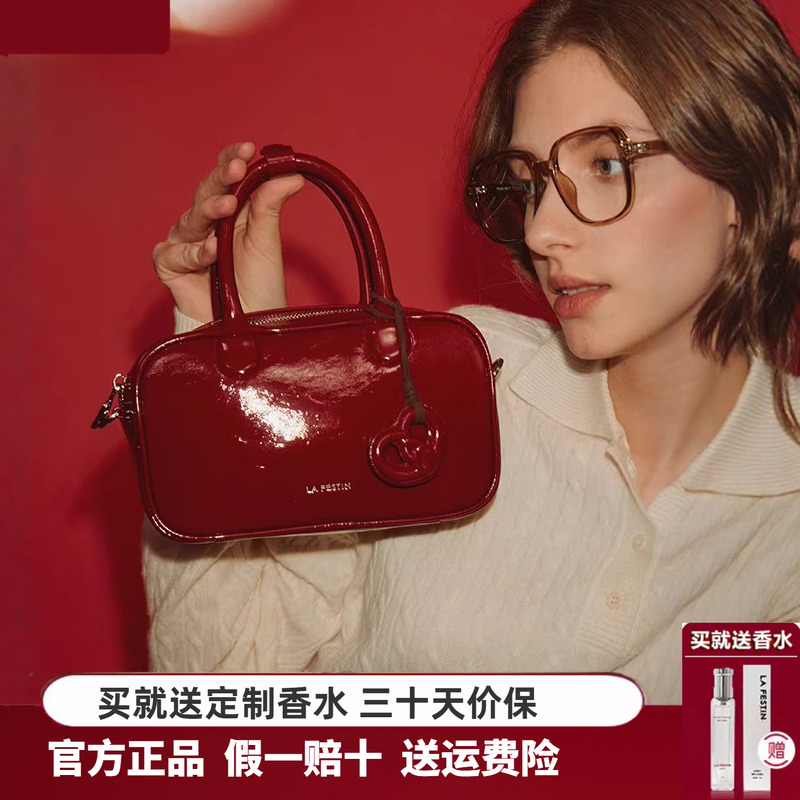 拉菲斯汀头层牛皮小胖墩2025新款秋冬红色斜挎女包手提波士顿包