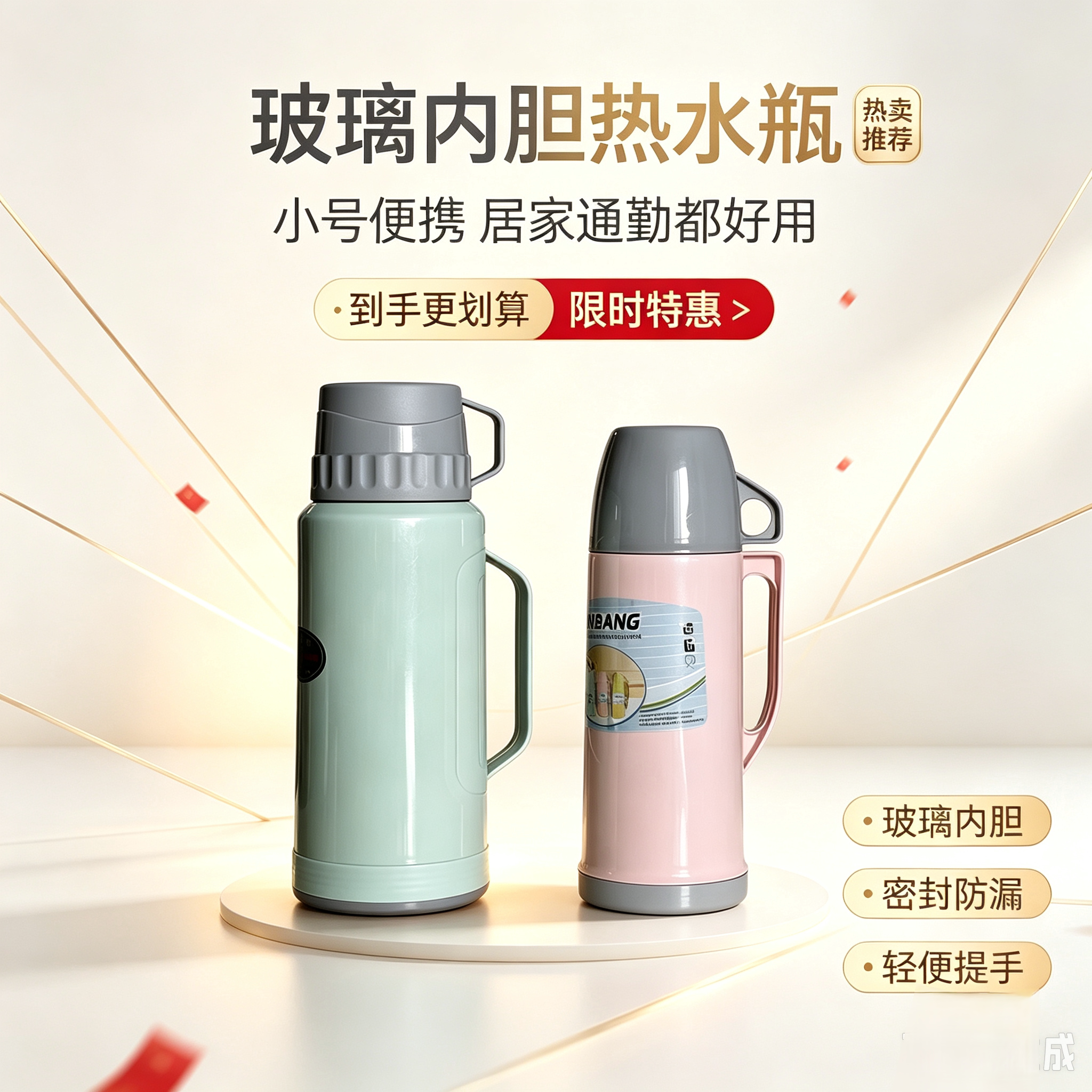 玻璃内胆真空保温杯圆形玻璃胆带柄保温杯双层带盖保温杯子水瓶图片