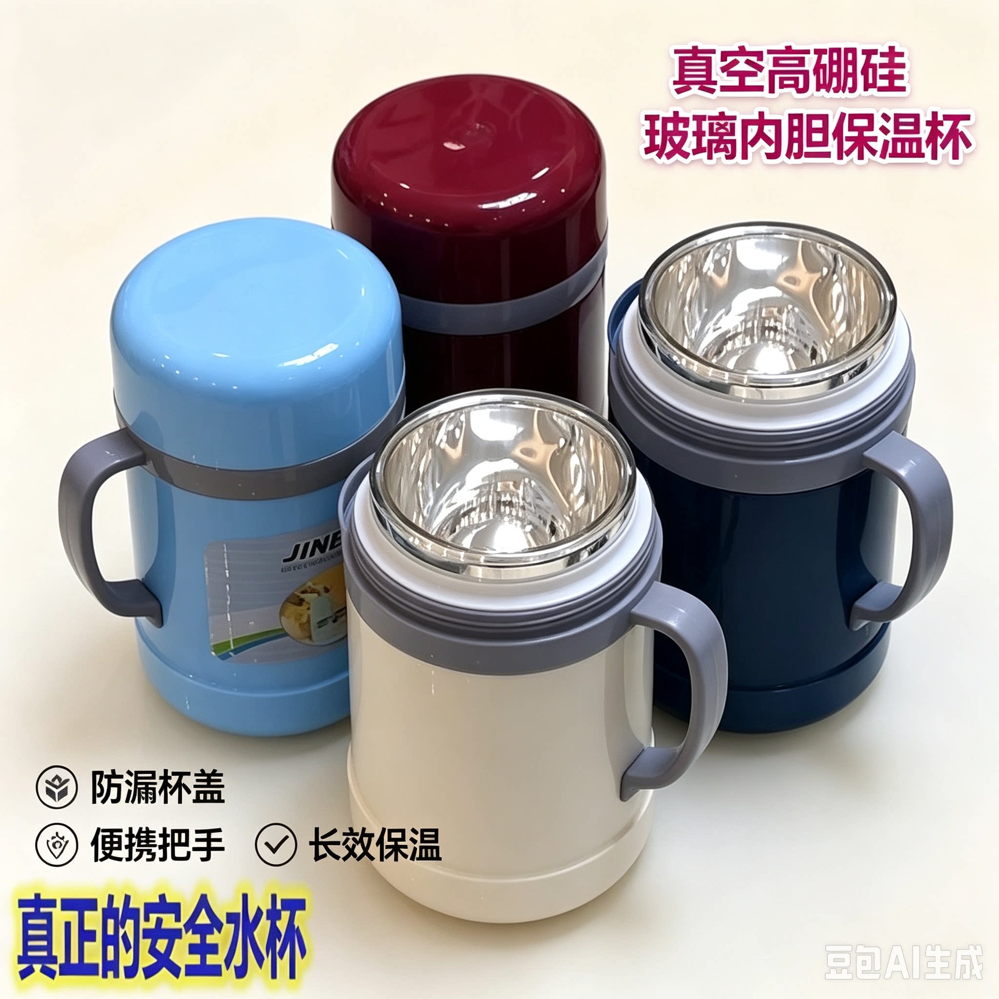 复古带手柄双层真空中式保暖杯老式中药泡茶玻璃内胆真空保温杯