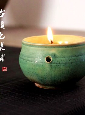 原创手工陶瓷苏打绿烧老式油灯盏