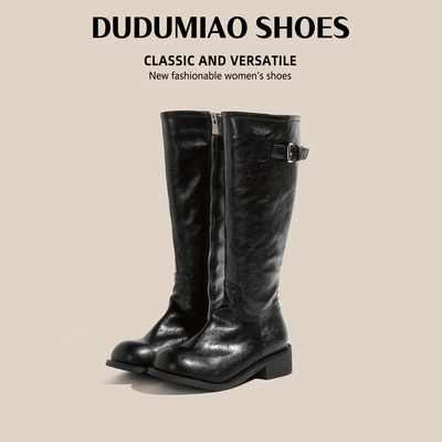 复古厚底平口长筒靴女骑士靴显瘦长靴加宽加绒长靴胖mm粗腿高筒靴