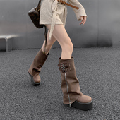 英伦风裤 管靴显瘦女网红长靴厚底长筒靴百搭骑士靴真皮西部牛仔靴