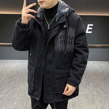 中长款棉衣外套男秋冬季加绒加厚夹克青少年休闲连帽牛仔上衣棉服