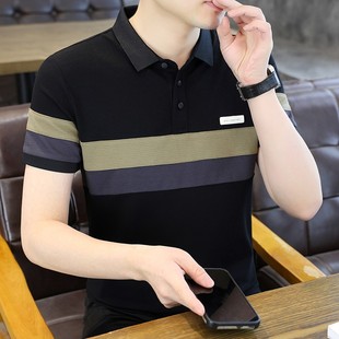 彩条新款 刺绣POLO衫 男士 短袖 丝光棉舒适 上衣翻领条纹半袖 商务男装
