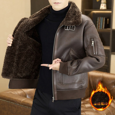 男装2025冬季新款高品质男皮毛一体加绒加厚毛领皮衣宽松外套上衣