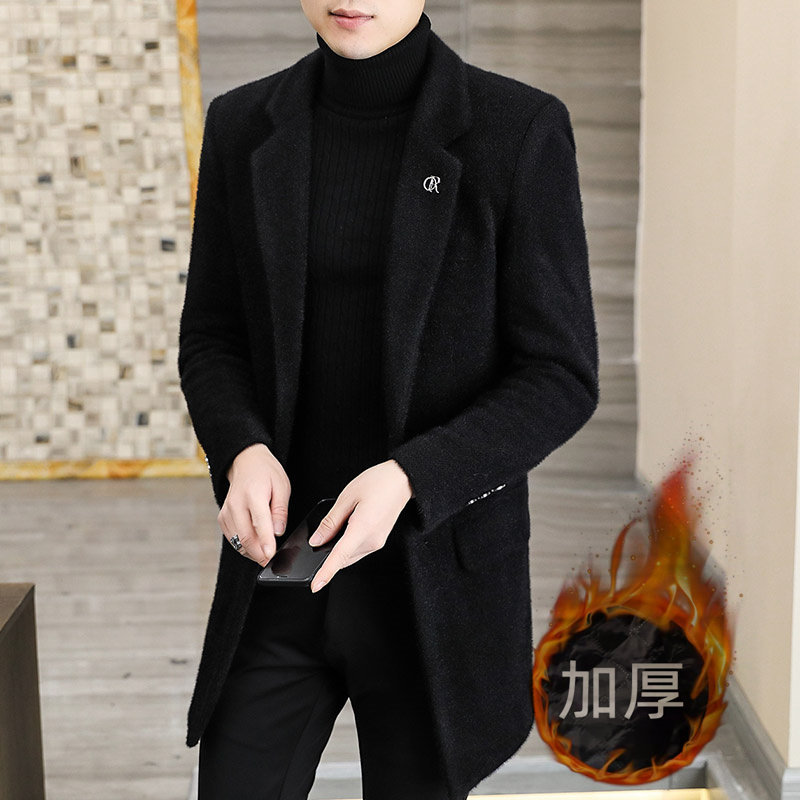 秋冬季毛呢大衣男中长款夹棉加厚潮流痞帅男装金貂绒风衣外套青年
