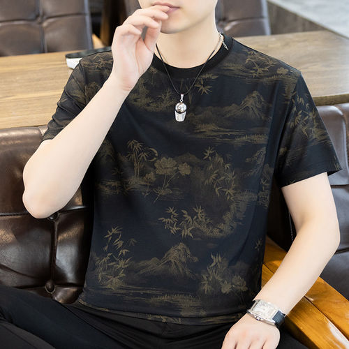 冰丝薄款短袖T恤男夏季圆领欧货凉感中国风山水墨半袖体恤夏装潮