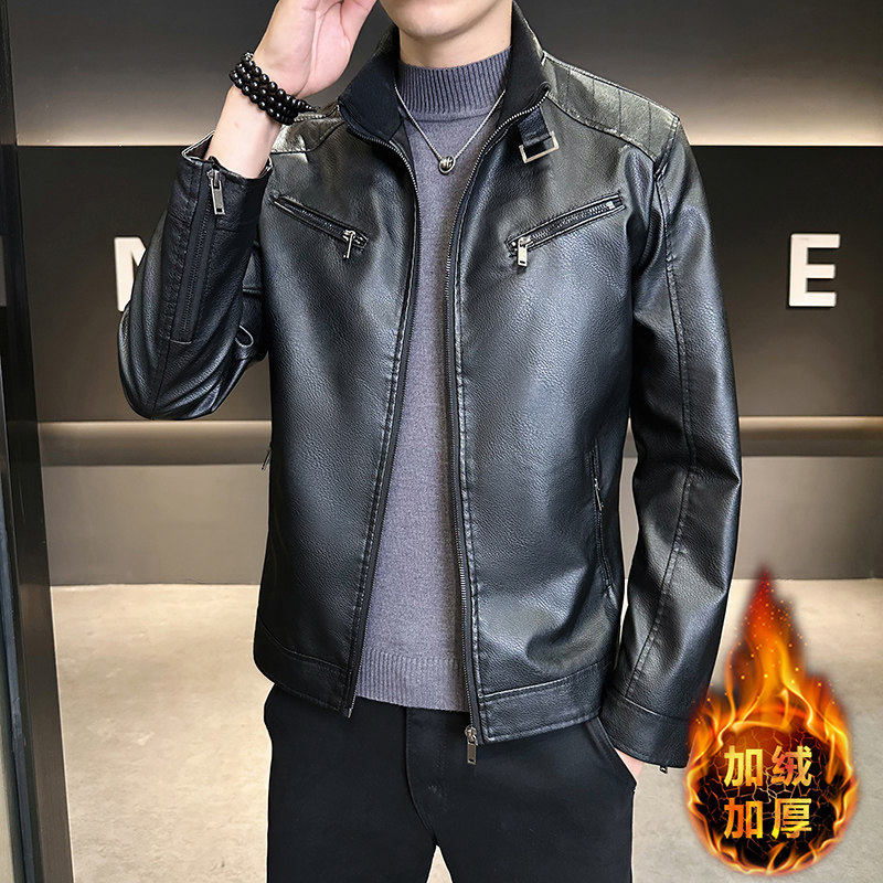 痞帅立领大码皮衣外套男春秋新款修身潮牌复古机车服加绒PU皮夹克