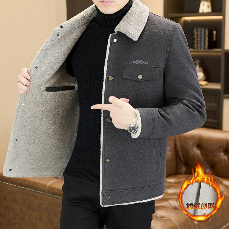 新款高档男士冬季加绒加厚翻领夹克外套中青年保暖上衣