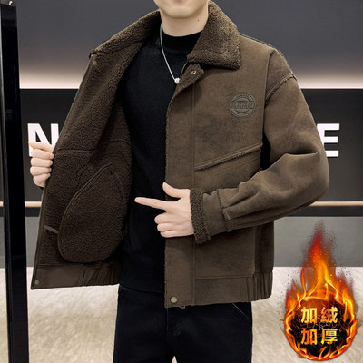冬季皮毛一体加厚保暖外套男潮流时尚加绒加厚机车高品质麂皮上衣