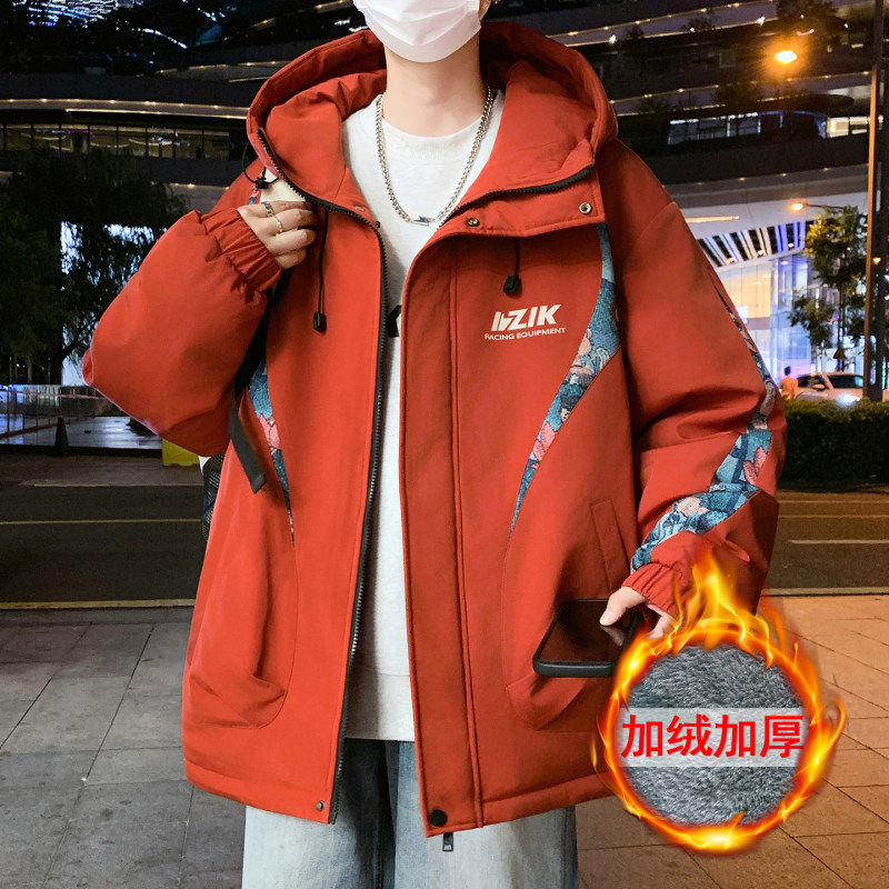 加绒加厚外套男款冬季青少年外套学院风保暖棉衣中学生派克服男装