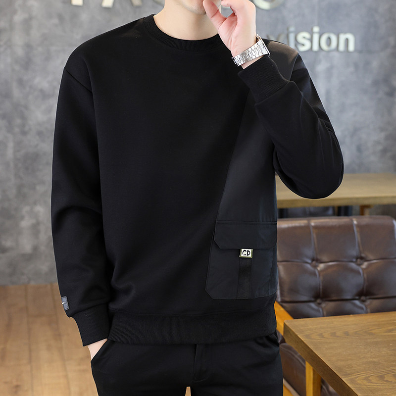 设计师款拼接圆领卫衣男士2025春秋季真口袋长袖t恤男上衣打底衫