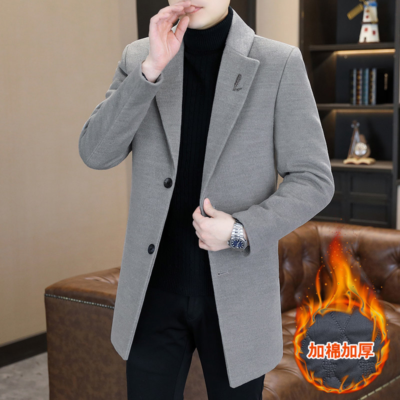 秋冬羊毛呢大衣男士中长款呢子风衣男高端休闲西装翻领加棉外套男