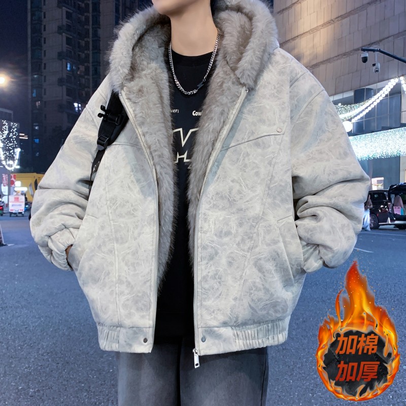 美式复古座山雕外套男冬季潮牌高街毛领棉衣男士加棉加厚连帽棉服