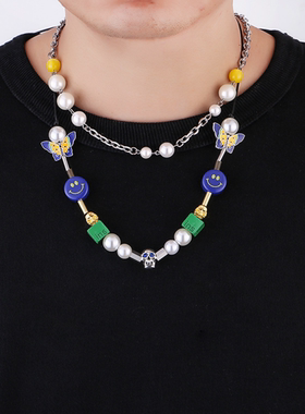 国潮明星同款蓝色笑脸链限定骷髅