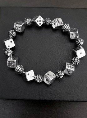 CH克罗伈经典泰银十字花骰子手链情侣欧美朋克嘻哈复古男女款手串