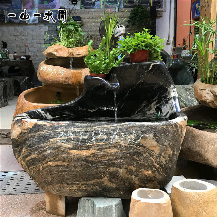 天然石头鱼缸办公室落地小型石材养鱼石盆复古做旧水池招财水景