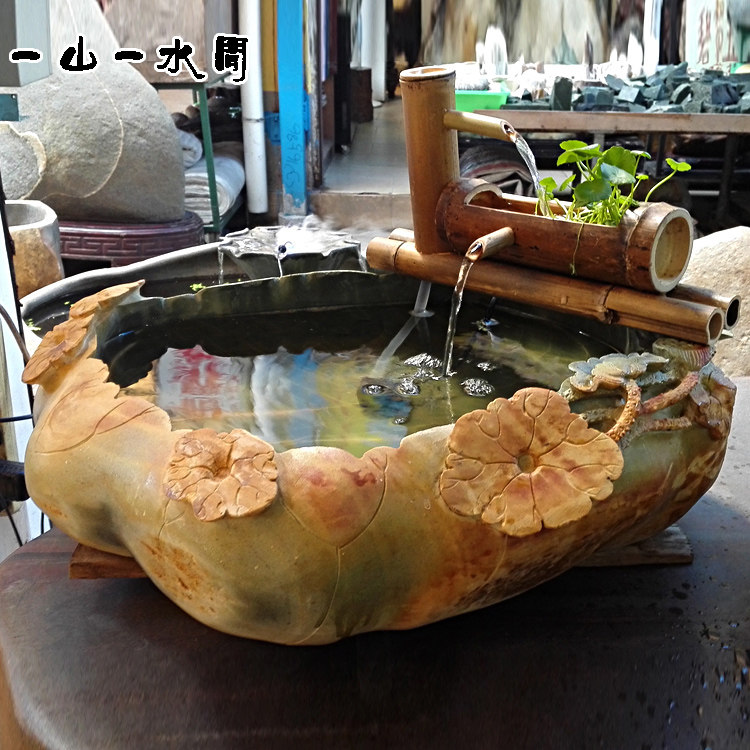自然石盆鱼缸 石材桌面流水装饰小摆件 天然鹅卵石水景 养鱼摆件