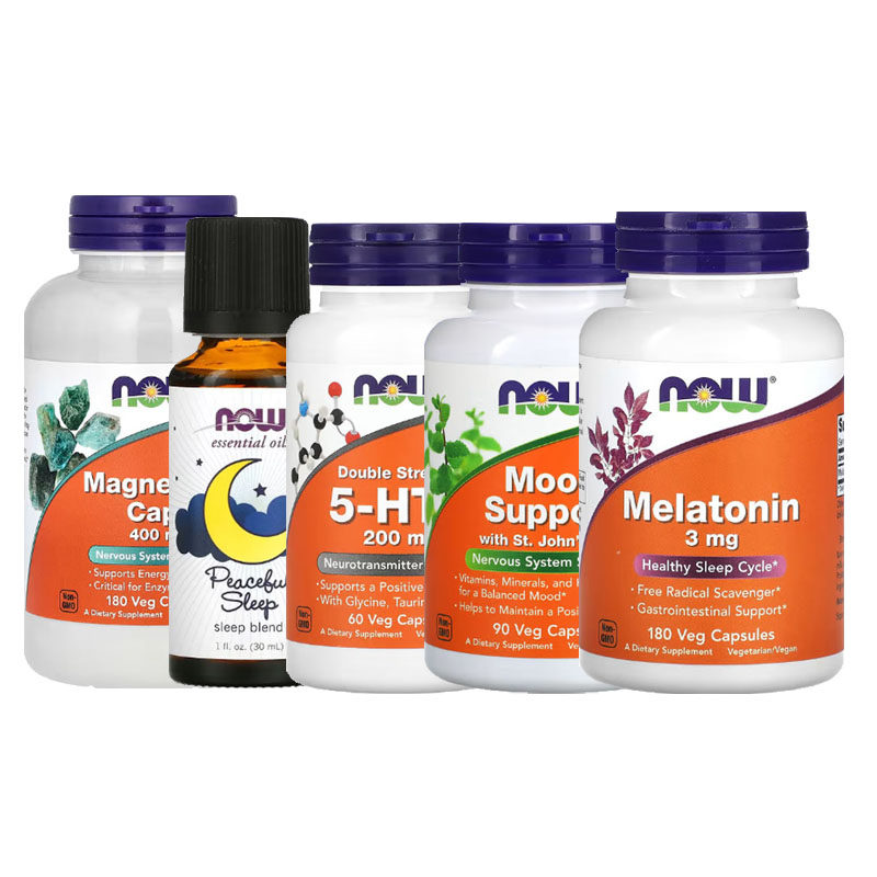 NOW FOODS褪黑素睡5-HTP西番莲色氨酸GABA缬草根眠压MOOD镁卡瓦力