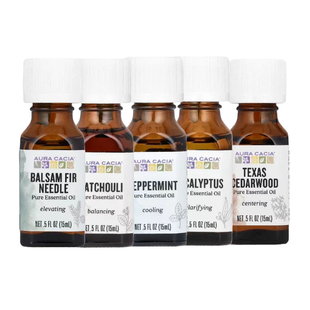 Aura Cacia全精油乳香山鸡椒檀香木天竺葵甜薄荷甜橙香茅熏衣花草