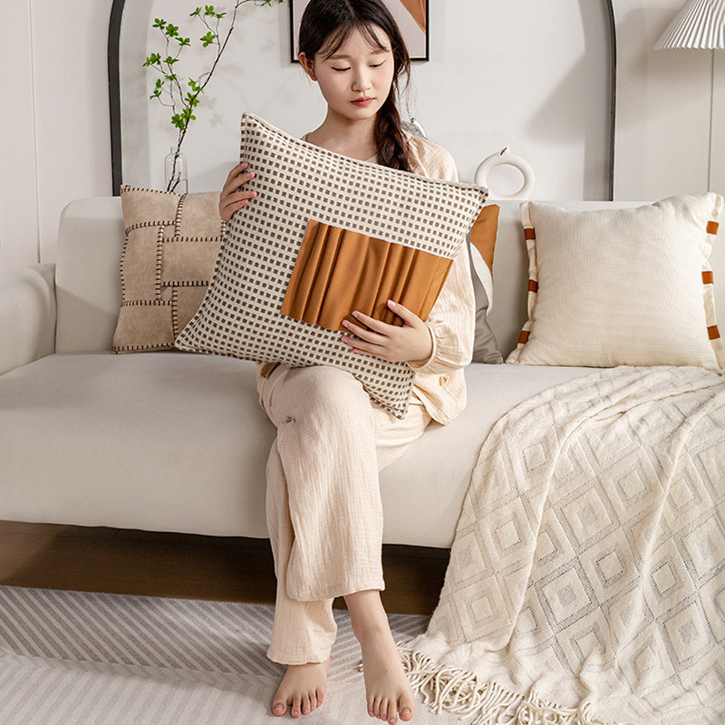 小红书抖音网红咖色拼接抱枕靠垫沙发软装飘窗靠枕床头靠背抱枕套