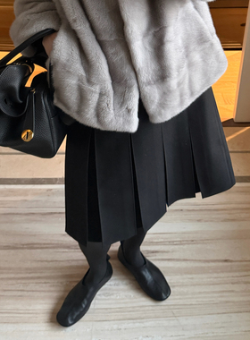 CHU楚妞[叠光]精纺羊毛加厚百褶A字半身裙2025秋冬季新款女裙子