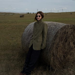 新款 CHU楚妞 2025秋季 绵羊毛金丝暗纹翻领西装 女通勤外套潮 旷野